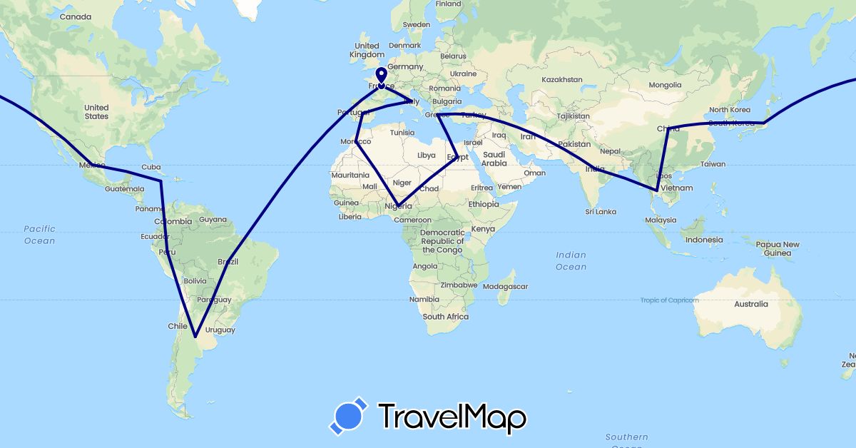 TravelMap itinerary: driving in Argentina, Brazil, China, Egypt, Spain, France, Greece, India, Italy, Jamaica, Japan, South Korea, Morocco, Mexico, Nigeria, Peru, Thailand, Turkey (Africa, Asia, Europe, North America, South America)